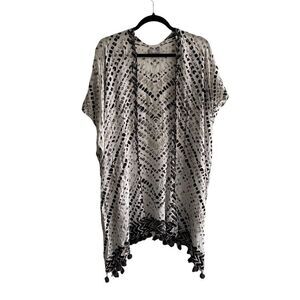 NORDSTROM Printed Swimwear Coverup Wrap Shawl Kimono Pom Pom White Grey Tan S
